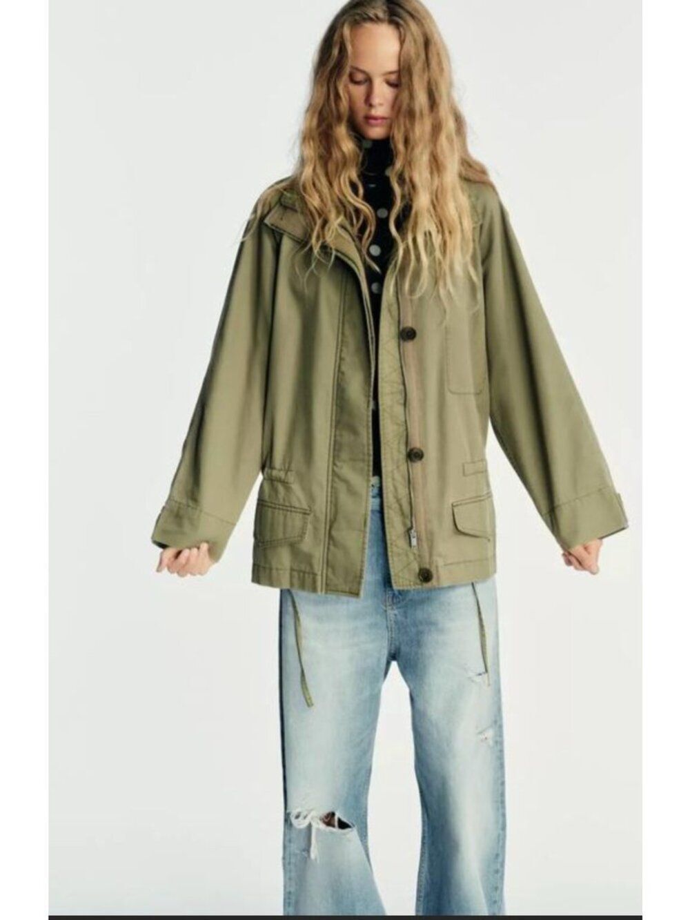 Zara Womens Parka Jacket Small S Olive Green Pockets Drawstring 5854/810 NWd